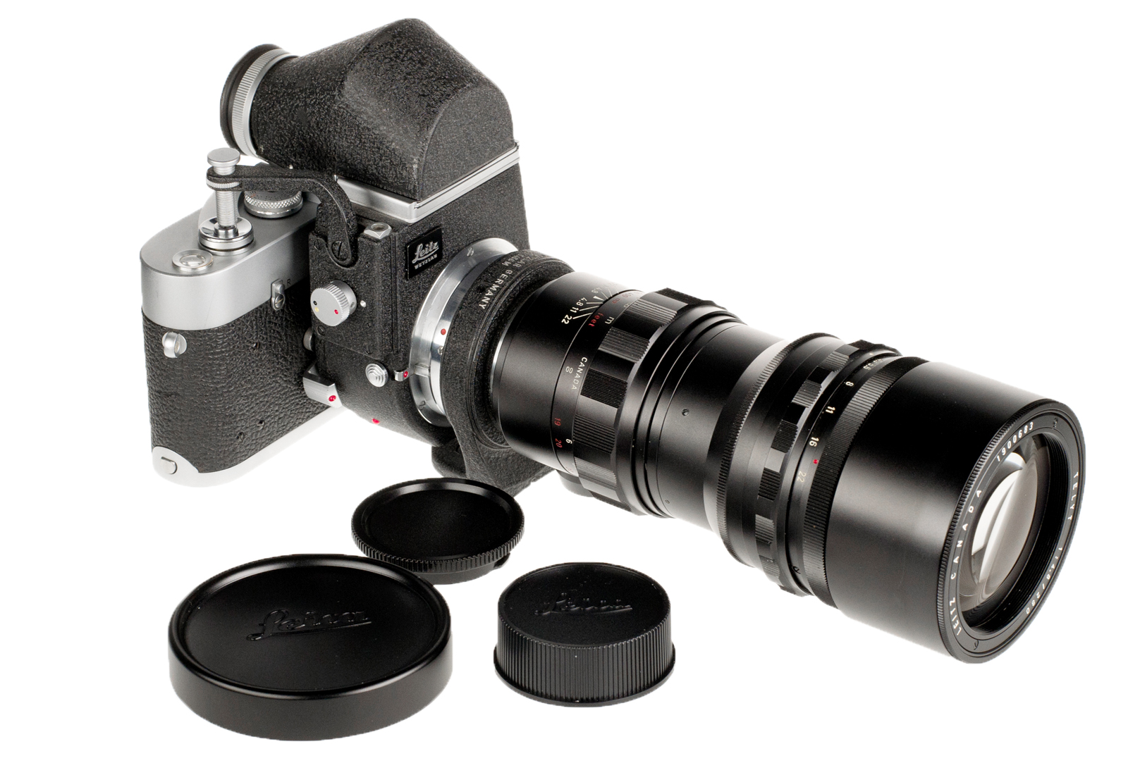 Leica MDa, chrom + Telyt 1:4,8/280mm, schwarz + Visoflex II