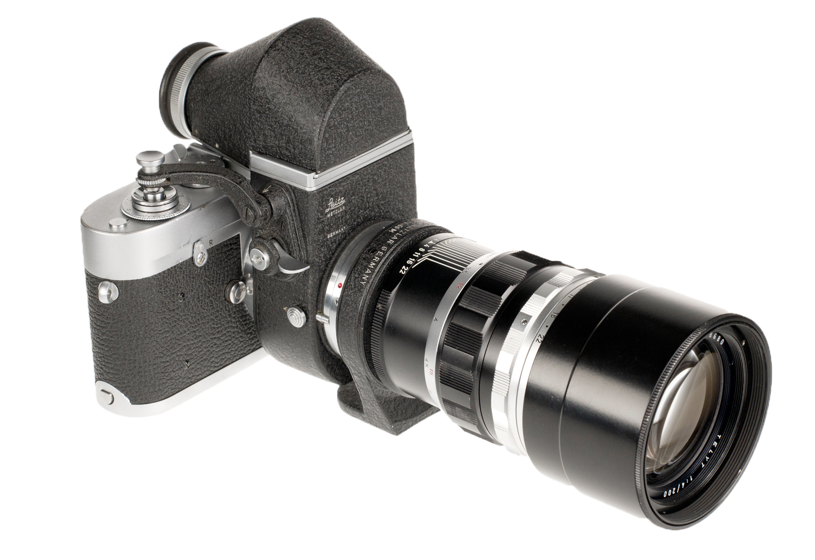 Leica MD, chrome + Telyt 1:4/200mm, black + Visoflex II